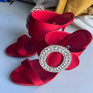 Manolo Blahnik Crepe De Chine Mules w/ Crystal Buckle